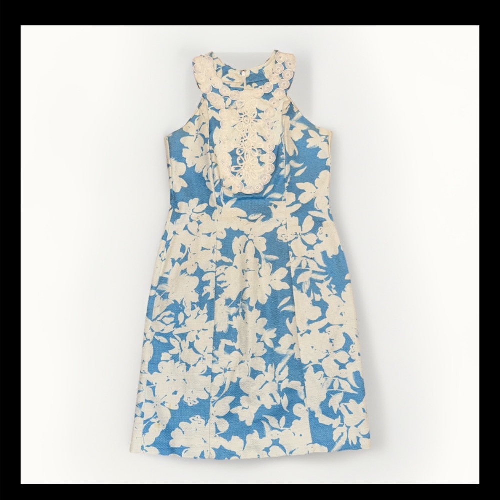 Taylor Size 2 White and Blue Floral Sheath Cotton Dress